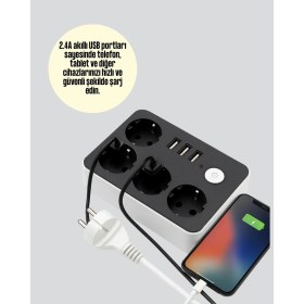 Resim Nevamel 3 USB Çıkışlı 4’lü Akıllı Priz 2500W 2 Metre Kablo 
