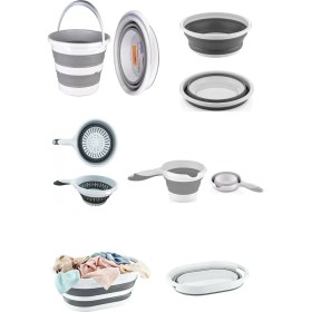 Resim 5'li Katlanır Banyo Mutfak Seti Katlanır Çamaşır Sepeti Kova Maşrapa Süzgeç Badya (Leğen) 