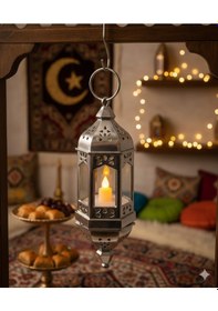 Resim 20 Cm Ramazan Ledli Asmalı Parlak Gümüş Fener - Pil Dahil Dekoratif Ramazan Feneri Diğer 