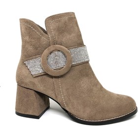 Resim YGTSHOES Kadın Bej Süet Taşlı Topuklu Kısa Bot 