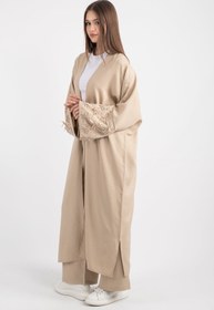 Resim Boncuk ve Kurdele Detaylı Uzun Kimono Pantolonlu Takım 5149 - Bej - Bej / S-M 