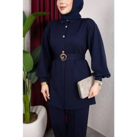 Resim Weak Blue Kemer Detaylı Tesettür Ikili-Düğmeli Tunik Bol Paça Şık Günlük Kombin 