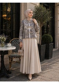 Resim Bej Jakarlı Bağlama Detaylı Dabıl Kumaş Etekli Tesettür İkili Takım 
