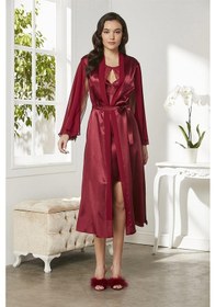 Resim Pierre Cardin 4375 Kadın Saten Dantelli Gecelik Sabahlık Takım-bordo Bordo 
