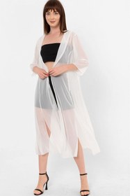 Resim Laranor Ecru Kapüşonlu Yırtmaç Detaylı Şifon Kimono&bikiniüstü 