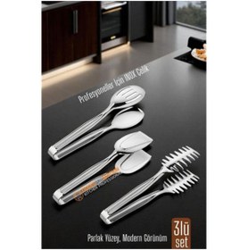 Resim pazarella 3’lü İnox Çelik Mutfak Maşa Seti Makarna Pasta Salata Çok Amaçlı Maşa 3 lü SET 