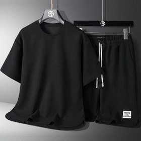 Resim 2 adet Erkek Yazlık Rahat Set, Yuvarlak Yaka Kısa Kollu T-Shirt ve Harf Yaması Bağcıklı Bel Şort Seti, %100 Polyester, Waffle Kumaş, Yaz Koşusu, Bisiklet, Yürüyüş, Günlük Rahat Giyim, Bol Kesim 
