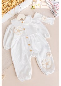Resim Babymod Bebe Yaka Çiçek Motifli 100% Pamuk Bandanalı Kız Bebek Tulum Krem 