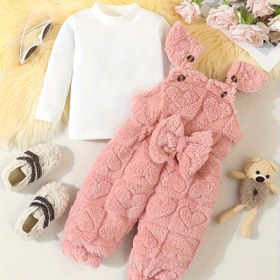 Resim Sevimli 2 Parçalı Kız Kıyafeti Seti - Rahat Uzun Kollu Üst & Kalp Desenli Polar Tulum ile Fiyonk Detay, Makinede Yıkanabilir, Dış Mekanlar İçin Mükemmel 