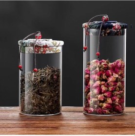 Resim Qerhome 4'lü Borosilikat Cam Etnik Desenli Kumaaş Kapaklı Kavanoz Seti 500-650-800-1000 Ml Şeffaf 