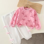 Resim Kız Çocukları için Fiyonk Baskılı Üst ve Uzun Pantolonlu 3D Fiyonk Takımı - Dış Mekan İçin Mükemmel 