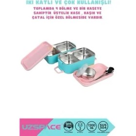 Resim 1200ML Lunchbox 2 Katlı 4 Bölmeli Mini Kaseli Çelik Sefer Tası Yemek Kutusu (Turkuaz-Pembe) 