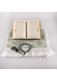 Resim Seccade + Tesbih + Kuran Hediye Seti (Çanta Boy, Kadife, Zeytin Y 