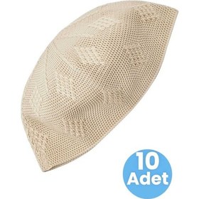 Resim Uniquetrenders 10'lu Dokuma Örgü Desenli Takke Kaliteli Namaz Takkesi Bej 