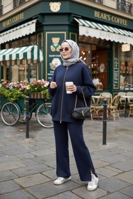Resim Aselim Hijap Moda 3 İplik Şardonlu Bomber İkili TesettürTakım | Pamuklu Rahat Takım Lacivert 