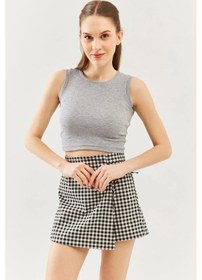 Resim Butikgiz Kadın Sıfır Kol Bisiklet Yaka Vücuda Oturan %100 Pamuklu Kaşkorse Esnek Crop Bluz Gri 