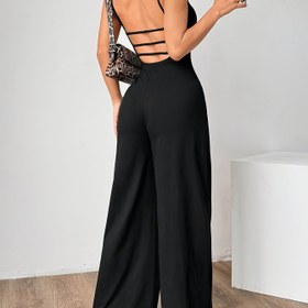 Resim 2025 İlkbahar Yaz Kadınlar İçin Şık Sırtı Açık Tulum - Yumuşak Esnek Polyester Kolsuz Uzun Boy Parti ve Plaj Giyimi, Makinede Yıkanabilir Düz Renk, Rahat Kesim, Zarif Doku 