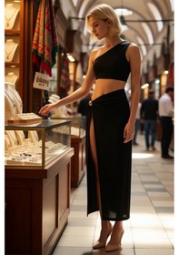 Resim Benerly Kadın Tek Omuz Bodycon Midi Plaj Elbisesi Döküm Aksesuar Detaylı Siyah 