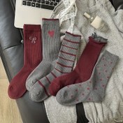 Resim 5 Çift Kadın Vintage Kolej Stili Çorap, Kırmızı ve Gri Çizgili Karışık, Moda Trend Uzun Çoraplar, Polyester Karışımı, Sadece Elde Yıkama, Düz Renk, Tüm Mevsim, Örgü Kumaş 
