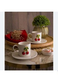 Resim Eslim Porselen Kiraz Desenli 4 Parça 2 Kişilik Kahve Fincan Takımı Ekru 
