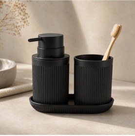 Resim The Voguemaxima Noir 3 Parça Banyo Seti Siyah Sıvı Sabunluk Diş Fırçalık Ve Tepsi 