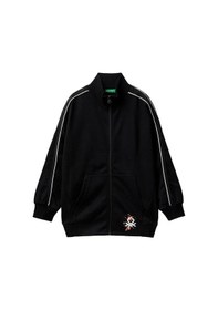 Resim United Colors Of Benetton Benetton Erkek Çocuk Siyah Önü Arkası Baskılı Kolları Şerit Detaylı Fermuarlı Sweatshirt Siyah 