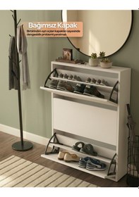 Resim Düşer Kapak Ayakkabılık Kayar Raflı Ayakkabılık 3 Bölmeli Beyaz 