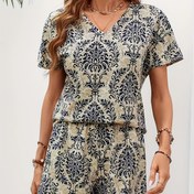 Resim Trakya Baskılı V-Yaka Kısa Kollu Üst ve Şort Takımı, Polyester ile Spandex Karışımı, Düzenli Kalıp, Kumaş, 120gsm, Kemersiz, İlkbahar/Yaz Koleksiyonu için Uygun 