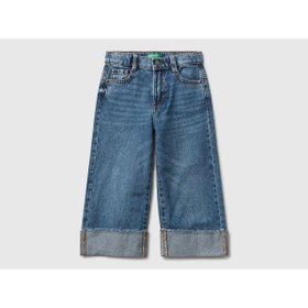Resim United Colors of Benetton Kız Bebek Koyu Mavi Logo İşleme Detaylı Paçası Kıvrık Wide Fit Denim Pantolon 