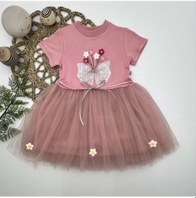 Resim 1-2-3 Yaş Tül Fiyonk Çiçekler Nakışlı Astarlı Kız Bebek Tütü Elbisesi Pudra Pudra 
