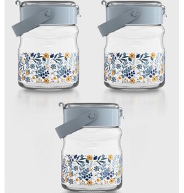 Resim Renga Mono 900 Ml Çiçek Desenli 3'lü Cam Kavanoz Seti 132065 Mavi 
