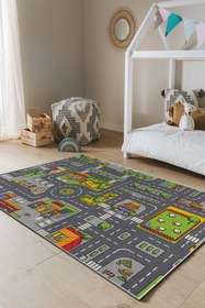 Resim PINKIE HOME Kaymaz Taban Makinede Yıkanabilir Leke Tutmaz Yol Desenli Oyun Halısı, Oyun Matı, Çocuk Halısı-38 