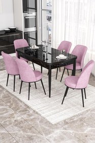 Resim Canisa Concept Kor Serisi 70x114 Açılabilir Mutfak Masası Takımı Siyah Mermer Desen Masa 6 Pembe Sandalye 