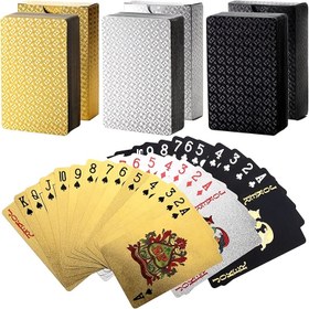 Resim (Yüksek kalite seçimi) 1 set Altın folyo su geçirmez, aşınmaya dayanıklı, şekil bozmayan PVC oyun kağıtları; parti geceleri ve eğlenceli partiler için uygundur. Noel, Cadılar Bayramı Şükran Günlerinde hediye olarak da verilebilir 