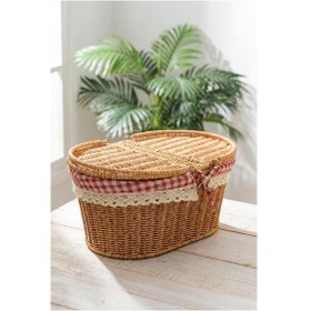 Resim Digithome Kapaklı Rattan Vintage Dantelli Oval Piknik Sepeti -9t13 U/5 Kahverengi 