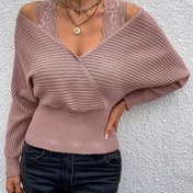 Resim Kadınların Zarif V-Yaka Kazak Pulloverı ile Kontrast Dantel Detay - Uzun Kollu, Düşük Omuz, Düz Renk, Orta Esneklik, Normal Kalıp, Sonbahar/Kış Koleksiyonu, 88cm Göğüs, Kemer Yok, Göğüs Ped Yok, Kazak Elbise, Kadın Kazak, Kadınlar İçin Sonbahar Kıyafetleri, Kazak 