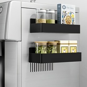 Resim 2'li Paket Büyük Manyetik Plastik Saklama Sepetleri Buzdolabı, Mikrodalga ve Çamaşır Makinesi için - Matkap ve Yapıştırıcısız Çok Fonksiyonlu Mutfak Düzenleyici, Yandan Baharat Rafı Manyetik Tutucu ile Çıkarılabilir Raflı 