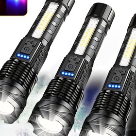 Resim 3 adet MACROCOSM USB Şarj Edilebilir Zoom Edilebilir El Fenerleri, Taşınabilir, Çok Fonksiyonlu, Yüksek Güçlü LED, 650 Lümen, 6 Vites, 0-99m Menzil, Kırmızı-Mavi Uyarı Işığı, ABS Malzemesi ve Kılıf ile, Ofis, Balıkçılık, Macera, Tabletler, Acil Durumlar için 