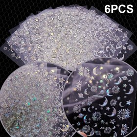 Resim 6 adet Holografik Gümüş Tırnak Stickerları, Lazer Uzay Temalı 3D Kendinden Yapışkanlı Güneş Ay Yıldız Tırnak Çıkartmaları, Kadınlar için Akrilik Tırnak ve Manikür DIY Süslemeleri 