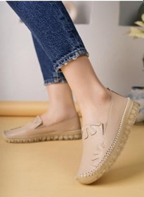 Resim Ayakdaş Saraç Detaylı Hakiki Deri Kadın Babet Ayakkabı Bej 