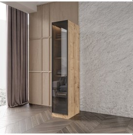 Resim Kayra Füme Camlı Cok Amaclı Dolap Tamamı Mdf Safir Meşe 