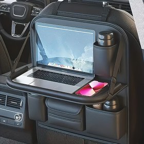 Resim 1 Adet PU Araç Koltuk Düzenleyici - Çok Fonksiyonlu Katlanabilir Laptop Tutucu & Depolama Çantası, Bardak Tutucular, Telefon Cebi, Büyük Kapasiteli Arka Koltuk Organizasyonu için Aksesuarlar, Araç İçin Depolama, Çalışma Alanı Düzenleyici, Seyahat Aksesuarı, Şık Tasarım, Yüksek Kaliteli Malzemeler, Sağlam Yapı 