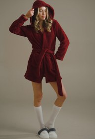 Resim BORDO RENK KAPUŞONLU PELUŞ SABAHLIK - XXL / Mini Boy (85 cm) 