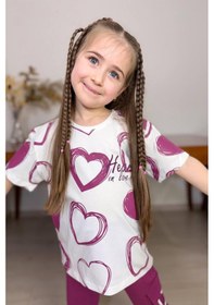 Resim Riccotarz Kız Çocuk Pano Kalp Baskı Bisiklet Yaka T-shirt Kargo Cepli Alt Mor Eşofman Takım 