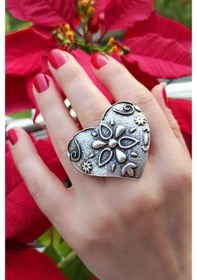 Resim Antik Gümüş Kaplama Kalp Şekilli El Yapımı Ayarlanabilir Yüzük - 517830197 Çok Renkli 