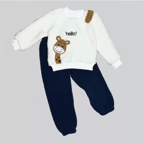 Resim 1-2-3 Yaş Hello Zürafa Nakışlı Kuzu Kumaş Sweat Pantolon Uzun Kollu Kız Erkek 2 Li Takımı Lacivert Lacivert 