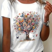 Resim Kadın Vintage Çiçekli Ağaç ve Renkli Kelebek Desenli Tişört, Yuvarlak Yaka, Kısa Kol, Normal Kalıp, Örme Kumaş, Orta Esneklik, Polyester %95 Spandeks %5, Yazlık Kazaklar, 180g/m² - Normal Uzunluk 