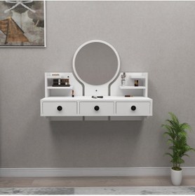Resim Arnetti Polina Çekmeceli Raflı Duvara Monte Aynalı Makyaj Masası, Beyaz - Polina 