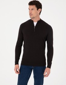 Resim Cacharel Siyah Slim Fit Pamuk Karışımlı Yarım Fermuarlı Dik Yaka Triko Kazak 