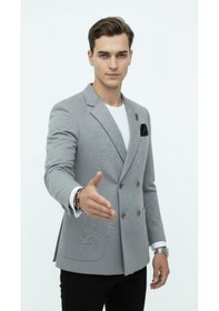 Resim Plus Scorpion Erkek Penye Kumaş Kruvaze Blazer Ceket 4 Düğmeli Mono Yaka, Torba Cepli, Çift Yırtmaçlı Şık Tasarım Gri 